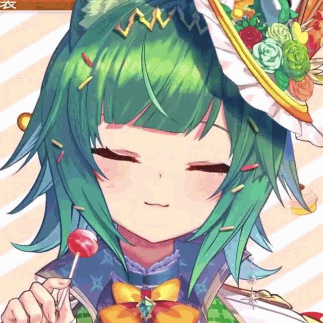 a girl with green hair and a hat is holding a lollipop