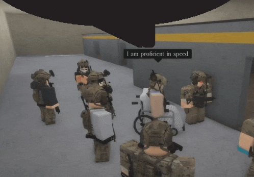 a group of soldiers are standing in a room with a sign that says i am proficient in speed on it