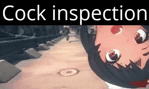 a cartoon character is standing on a wooden floor with the words `` cock inspection '' above him .