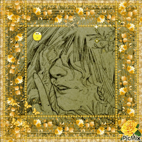 a picture of a woman 's face is surrounded by yellow flowers and a picmix watermark