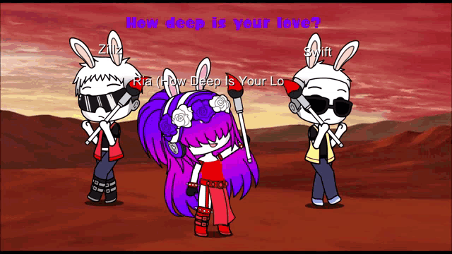 a cartoon of three rabbits with the words " how deep is your love " on the bottom