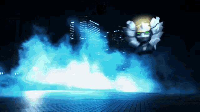 a cartoon character with green eyes is surrounded by smoke