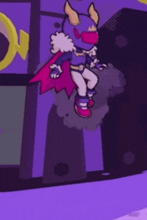 a purple cartoon character with horns is standing in front of a purple building .