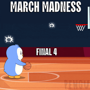 a penguin dribbles a basketball on a basketball court with the words march madness final 4 below it