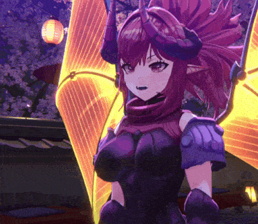 a girl with purple hair and horns stands in front of a lantern