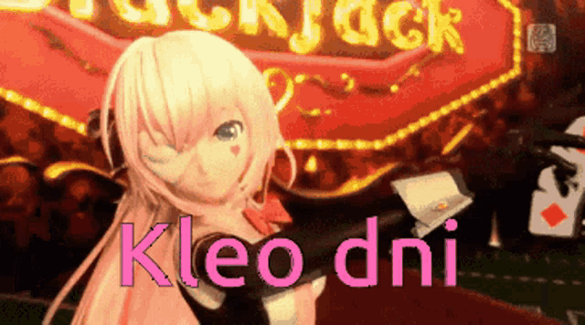 a girl is standing in front of a sign that says kleo dni