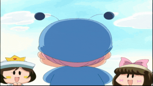 a cartoon character wearing a blue hat and a pink bow