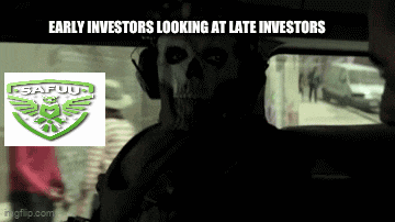 early investors looking at late investors with a skull in a car