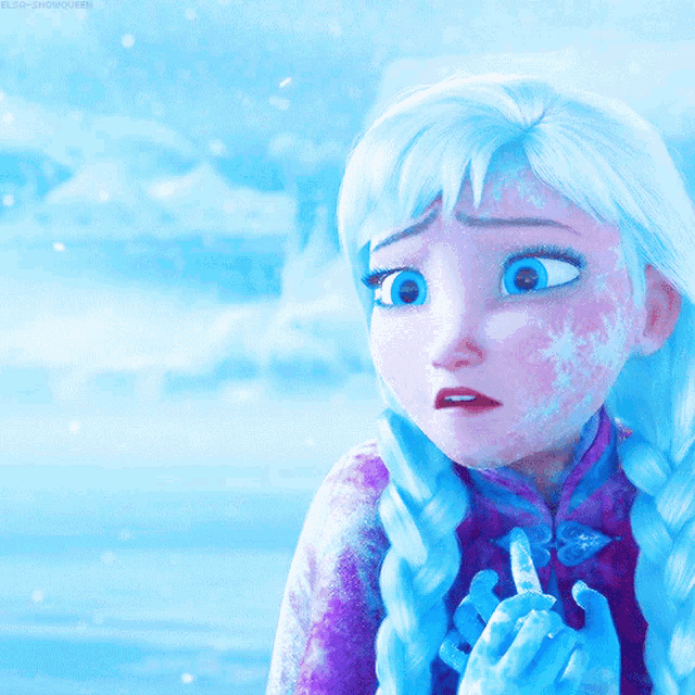 a close up of a cartoon character with the words elsa-snowqueen below her