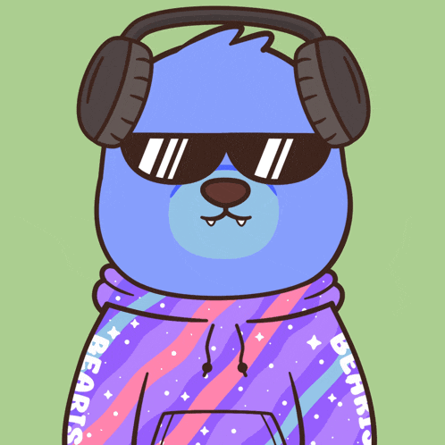 a cartoon drawing of a blue bear wearing sunglasses and headphones