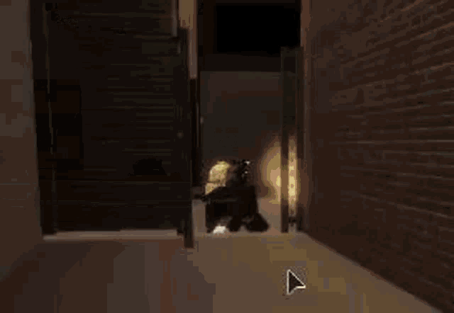 a video game character is standing in front of a brick wall with a flame coming out of the door .