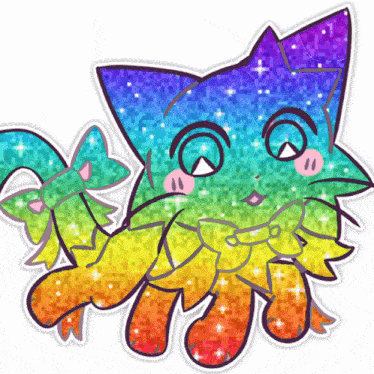 a sticker of a rainbow cat with a bow on its tail