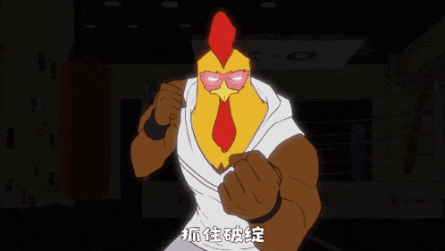 a cartoon of a rooster wearing a white tank top with a k-o sign in the background