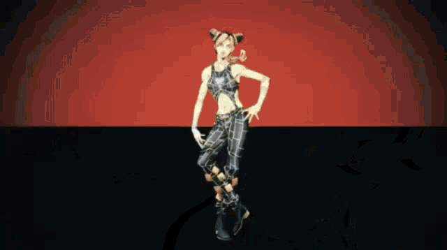 a girl with pigtails is dancing in front of a red background