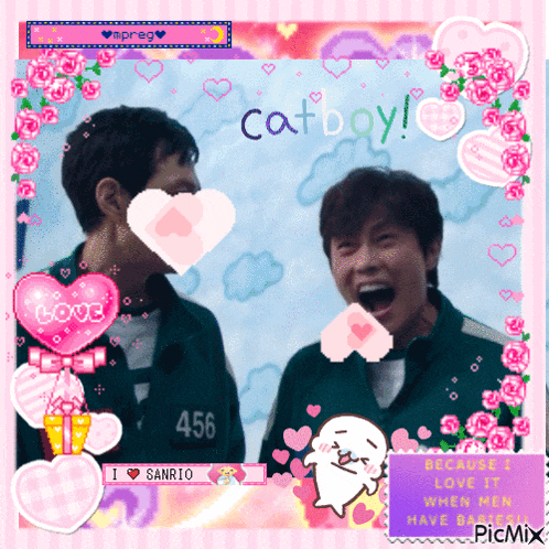 a picture of two boys with hearts and the words cat day