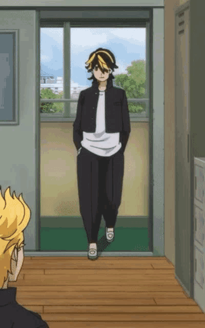 a cartoon character is standing in front of a window with his hands in his pockets