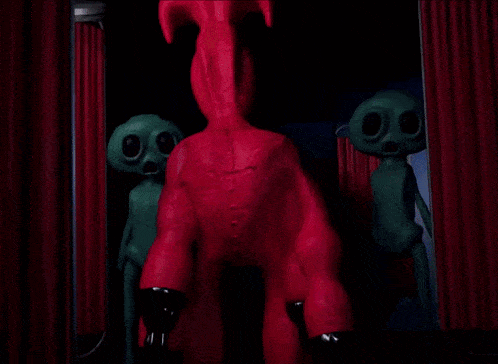 a group of green aliens are standing next to a red monster