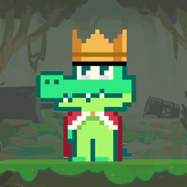 a pixel art illustration of a crocodile wearing a crown
