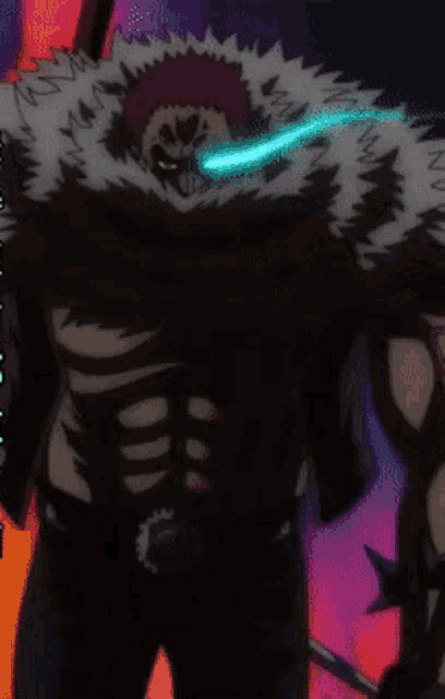 a cartoon character is holding a sword with a blue light coming out of his eyes