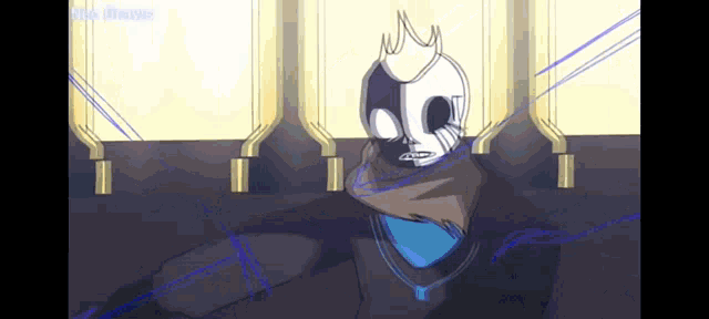 a skeleton with a crown on his head and a scarf around his neck is standing in a room .