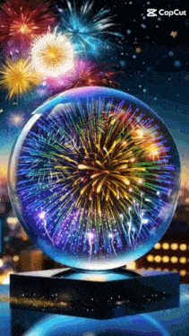 a snow globe filled with fireworks on a table .