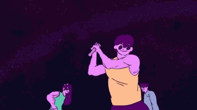 a cartoon of three people standing next to each other in a dark room