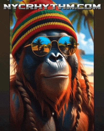 a monkey wearing a rasta hat and sunglasses with nycrhythm.com written on the bottom