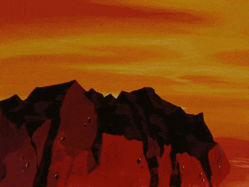 a painting of a mountain with a fireball coming down it