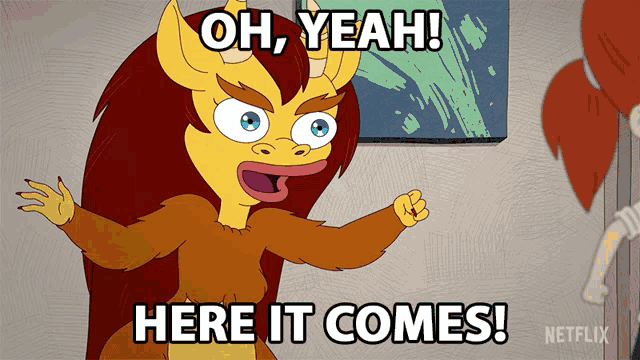 a cartoon of a monster says oh yeah here it comes