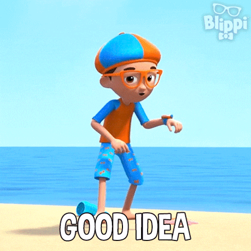 a cartoon character is standing on a beach with the words good idea below him