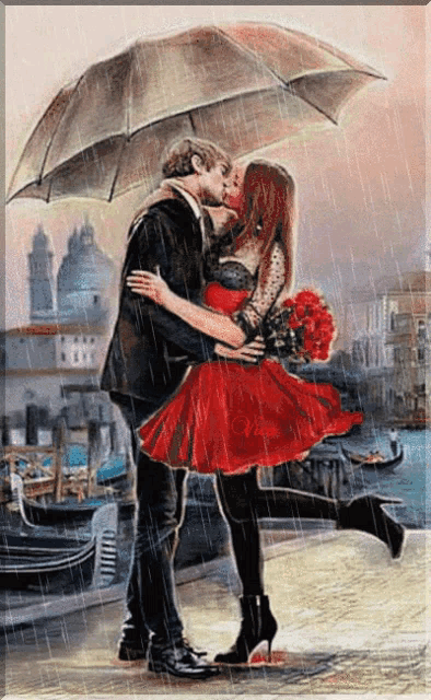 a man and a woman kissing under an umbrella in the rain