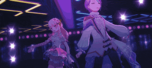 two anime characters are dancing on a stage with purple lights behind them .