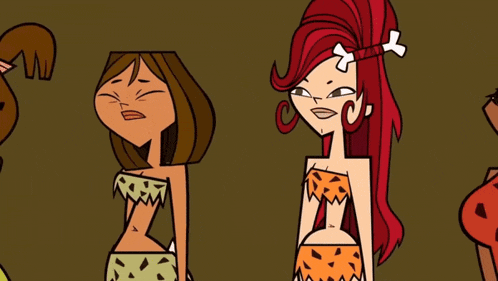 a group of cartoon characters are standing next to each other and one of them has a bone in her hair