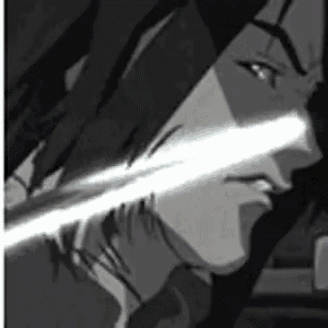a black and white drawing of a man holding a sword in his mouth .