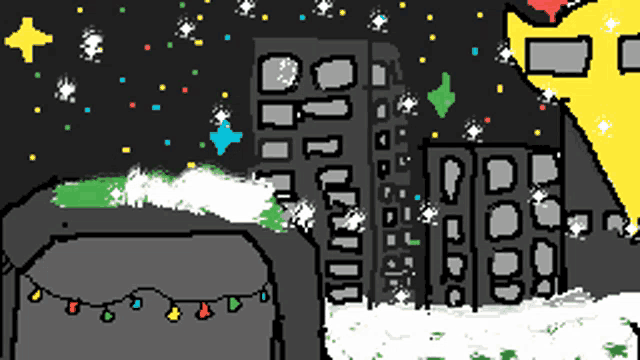 a drawing of a city at night with a yellow star in the background