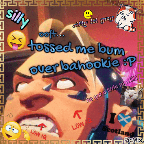 a cartoon of a man with the words silly tossed me bum over bahookie written on it