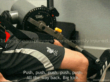 a man sitting on a machine with the words " push push push push all the way back big kick " on the bottom