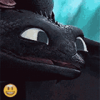 toothless from how to train your dragon is looking at the camera with a smiley face in the background .