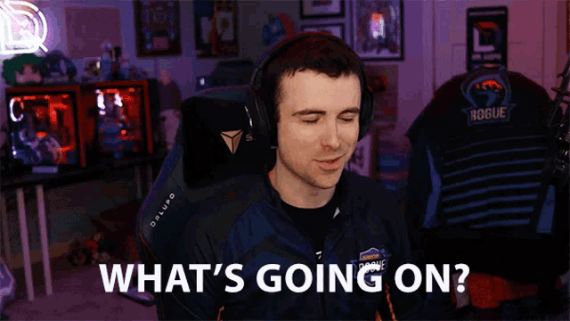 a man wearing headphones says what 's going on .