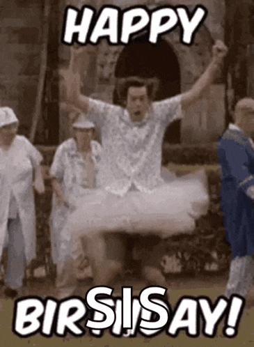 a man in a tutu is jumping in the air in front of a group of people and says happy birsi say !