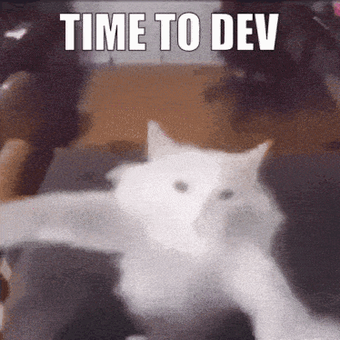 a white cat is laying down with the words time to dev written above it