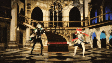 a man and a woman are dancing in a room with stairs in the background