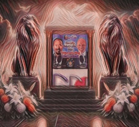 a painting of two lions with a sign that says ' quality motivates win '