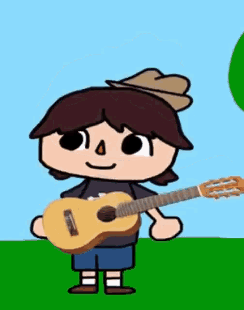 a cartoon character is holding a guitar and wearing a cowboy hat .