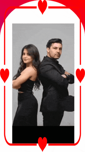 a man and a woman are standing back to back with hearts around them