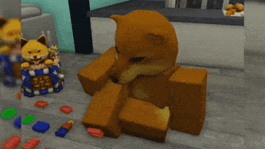 a cartoon dog is sitting on a box with a red lego brick on it
