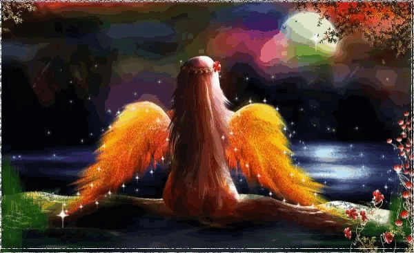 a painting of an angel with orange wings sitting on a tree branch