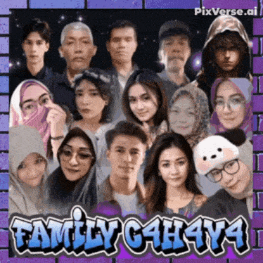 a group of people are standing in front of a purple brick wall with the words family c4h4v4 on it