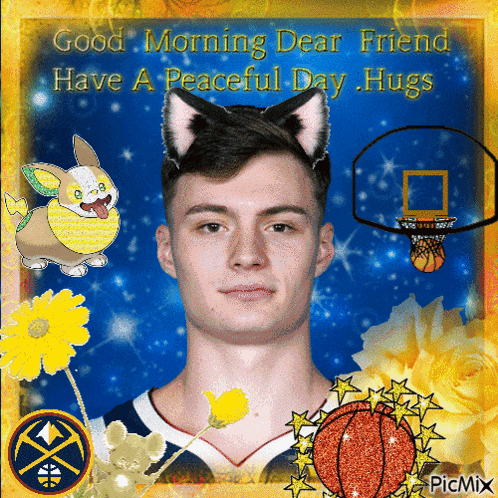 a picture of a man with cat ears and the words good morning dear friend