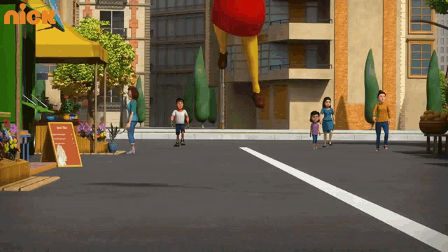 a group of people walking down a street with a sign that says nick